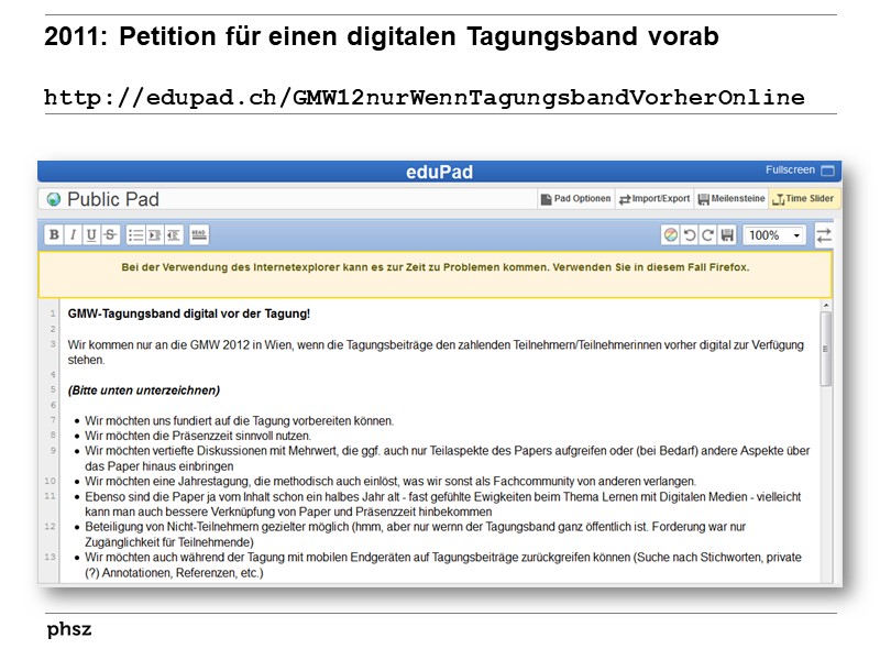 2011: Petition für eine digitalen Tagungsband vorab