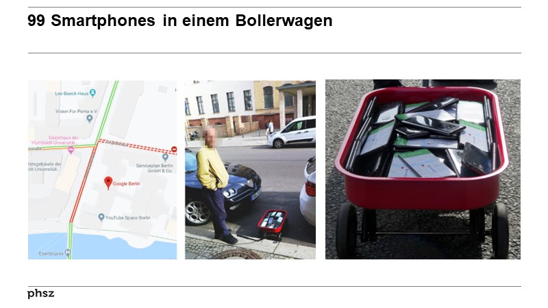 99 Smartphones in einem Bollerwagen