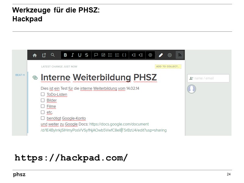  Werkzeuge für die PHSZ: Hackpad